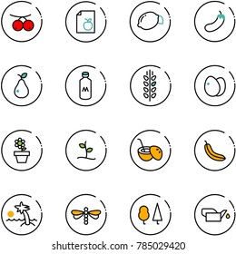 line vector icon set - rowanberry vector, diet list, lemon, eggplant, pear, milk, spica, eggs, flower pot, sproute, coconut cocktail, banana, palm, dragonfly, forest, oiler