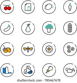 line vector icon set - rowanberry vector, diet list, lemon, carrot, eggplant, pear, broccoli, spica, coconut cocktail, dragonfly, flower, water power plant, recycling, oiler