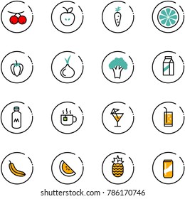 line vector icon set - rowanberry vector, apple, carrot, lemon slice, sweet pepper, onion, broccoli, milk, hot tea, drink, banana, watermelone, pineapple