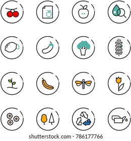 line vector icon set - rowanberry vector, diet list, apple, blood test, lemon, eggplant, broccoli, spica, sproute, banana, dragonfly, tulip, flower, forest, recycling, oiler