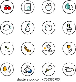 line vector icon set - rowanberry vector, diet list, apple, blood test, lemon, pear, eggs, flower pot, sproute, banana, palm, tulip, forest, recycling, oiler