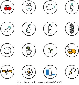 line vector icon set - rowanberry vector, apple, lemon, carrot, eggplant, pear, milk, spica, eggs, flower pot, sproute, coconut cocktail, dragonfly, water power plant, oiler