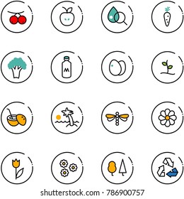line vector icon set - rowanberry vector, apple, blood test, carrot, broccoli, milk, eggs, sproute, coconut cocktail, palm, dragonfly, flower, tulip, forest, recycling