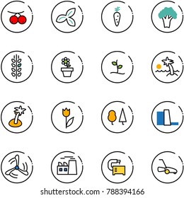 line vector icon set - rowanberry vector, three leafs, carrot, broccoli, spica, flower pot, sproute, palm, tulip, forest, water power plant, wind mill, machine tool, lawn mower