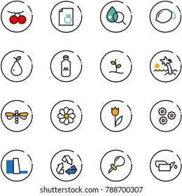 line vector icon set - rowanberry vector, diet list, blood test, lemon, pear, milk, sproute, palm, dragonfly, flower, tulip, water power plant, recycling, oiler