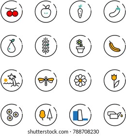 line vector icon set - rowanberry vector, apple, carrot, eggplant, pear, spica, flower pot, banana, palm, dragonfly, tulip, forest, water power plant, oiler