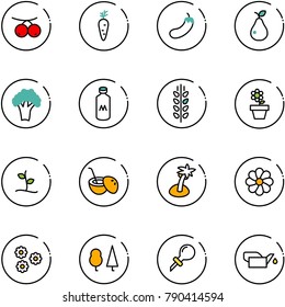 line vector icon set - rowanberry vector, carrot, eggplant, pear, broccoli, milk, spica, flower pot, sproute, coconut cocktail, palm, forest, oiler