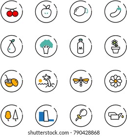 line vector icon set - rowanberry vector, apple, lemon, eggplant, pear, broccoli, milk, flower pot, coconut cocktail, palm, dragonfly, forest, water power plant, oiler