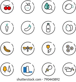 line vector icon set - rowanberry vector, apple, blood test, lemon, carrot, eggplant, milk, eggs, banana, dragonfly, tulip, flower, forest, water power plant, oiler