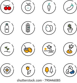 line vector icon set - rowanberry vector, apple, carrot, eggplant, milk, spica, eggs, flower pot, sproute, coconut cocktail, palm, tulip, forest, recycling
