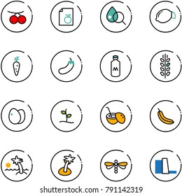 line vector icon set - rowanberry vector, diet list, blood test, lemon, carrot, eggplant, milk, spica, eggs, sproute, coconut cocktail, banana, palm, dragonfly, water power plant