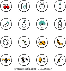 line vector icon set - rowanberry vector, diet list, apple, carrot, eggplant, pear, broccoli, milk, eggs, sproute, coconut cocktail, banana, dragonfly, flower, forest, oiler