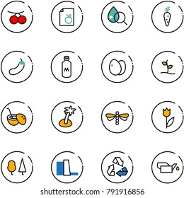 line vector icon set - rowanberry vector, diet list, blood test, carrot, eggplant, milk, eggs, sproute, coconut cocktail, palm, dragonfly, tulip, forest, water power plant, recycling, oiler