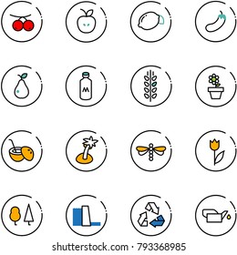 line vector icon set - rowanberry vector, apple, lemon, eggplant, pear, milk, spica, flower pot, coconut cocktail, palm, dragonfly, tulip, forest, water power plant, recycling, oiler