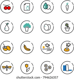 line vector icon set - rowanberry vector, diet list, blood test, carrot, pear, broccoli, eggs, flower pot, coconut cocktail, banana, palm, dragonfly, tulip, water power plant