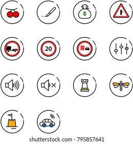 line vector icon set - rowanberry vector, scalpel, money bag, intersection road sign, no trailer, speed limit 20, truck overtake, settings, volume max, off, chess tower, dragonfly, sand castle