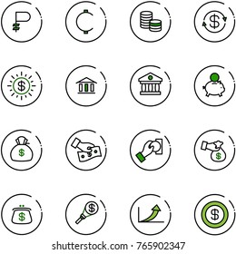 line vector icon set - ruble vector, cent, coin, dollar exchange, sun, bank, piggy, money bag, cash pay, encashment, purse, torch, growth arrow