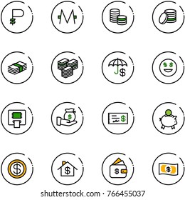 line vector icon set - ruble vector, monero, coin, dollar, big cash, insurance, smile, atm, investment, check, piggy bank, home, finance management, money