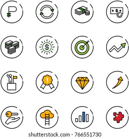 line vector icon set - ruble vector, exchange, cash, big, dollar sun, target, growth arrow, win, gold medal, diamond, key hand, cloud ladder, chart, puzzle