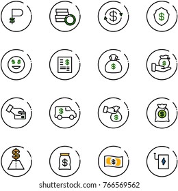 line vector icon set - ruble vector, coin, dollar exchange, safe, smile, account statement, money bag, investment, card pay, encashment car, power bank