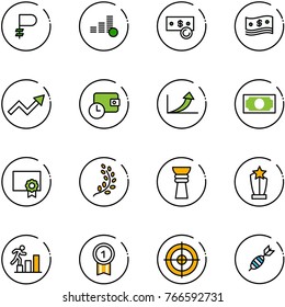 line vector icon set - ruble vector, coin, cash, growth arrow, wallet time, money, certificate, golden branch, award, career, gold medal, target, dart