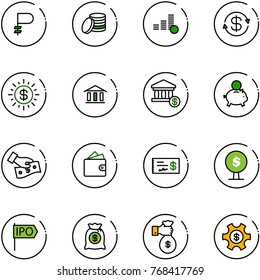 line vector icon set - ruble vector, coin, dollar exchange, sun, bank, account, piggy, cash pay, wallet, check, money tree, ipo, bag, rich, managemet
