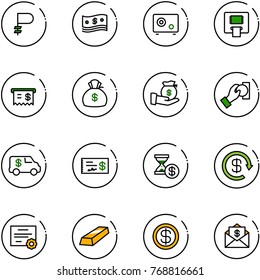 line vector icon set - ruble vector, cash, safe, atm, receipt, money bag, investment, pay, encashment car, check, account history, dollar reload, certificate, gold, mail