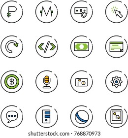 line vector icon set - ruble vector, monero, cash, cursor, redo, tag code, money, schedule, dollar, microphone, photo, gear, chat, server, ball, game console