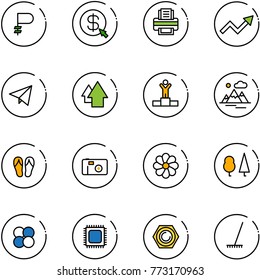 line vector icon set - ruble vector, money click, printer, growth arrow, paper fly, up, winner, mountains, flip flops, photo, flower, forest, atom core, cpu, nut, rake