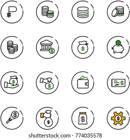 line vector icon set - ruble vector, coin, account, money bag, piggy bank, investment, encashment, wallet, check, torch, rich, managemet
