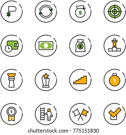 line vector icon set - ruble vector, exchange, money bag, target, wallet time, winner, award, stairs, gold medal, opportunity, flags cross, check