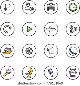 line vector icon set - ruble vector, account, money chest, time, redo, play, plane, flower, cruiser, gear, oil derrick, ball, beanbag, moon lamp, toy monster