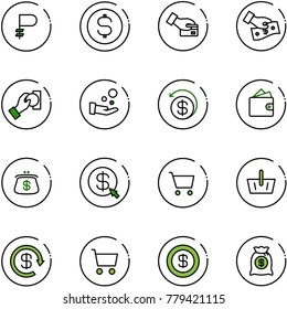 line vector icon set - ruble vector, dollar coin, card pay, cash, money back, wallet, purse, click, cart, basket, reload, bag