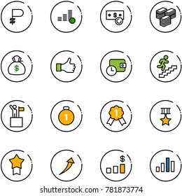 line vector icon set - ruble vector, coin, cash, big, money bag, like, wallet time, career, win, gold medal, star, growth, dollar chart