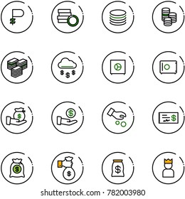 line vector icon set - ruble vector, coin, big cash, money rain, safe, investment, check, bag, rich, king