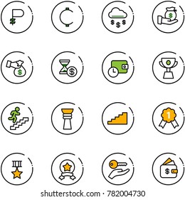 line vector icon set - ruble vector, cent, money rain, investment, encashment, account history, wallet time, cup, career, award, stairs, gold medal, star, key hand, finance management