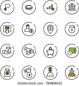 line vector icon set - ruble vector, coin, bank, atm, account, dollar pin, money bag, investment, cash pay, piggy, wallet time, rich, building