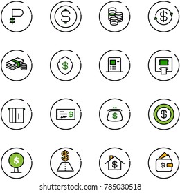 line vector icon set - ruble vector, dollar coin, exchange, cash, safe, atm, check, purse, money tree, home, finance management