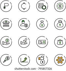 line vector icon set - ruble vector, cent, coin, dollar sun, bank, account, money bag, investment, cash pay, check, purse, torch, growth arrow, rich, managemet