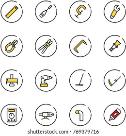 line vector icon set - ruler vector, chisel, clamp, wrench, side cutters, bolt cutter, staple, dowel, milling, drill, rake, scythe, multimeter, pipe welding, allen key, marker