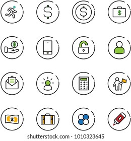 line vector icon set - run vector, dollar sign, coin, money case, investment, phone, unlocked, user, opened mail, idea, calculator, win, suitcase, atom core, marker