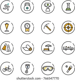 line vector icon set - run vector, weight, cup, chess queen, pennant, gold medal, rock axe, target, flippers, mat, inflatable pool, cabrio, bike, piston, protective glasses, baseball bat