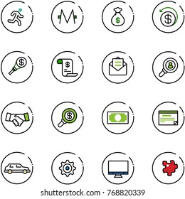 line vector icon set - run vector, monero, money bag, back, torch, account history, opened mail, head hunter, agreement, search, schedule, limousine, gear, monitor, puzzle