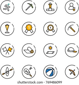 line vector icon set - run vector, job, winner, pennant, gold medal, rock axe, flags cross, mat, cap, kayak, badminton, beach ball, bow