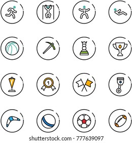 line vector icon set - run vector, pull ups, gymnastics, abdominal muscles, basketball ball, job, chess queen, gold cup, pennant, medal, flags cross, piston, boomerang, soccer, football