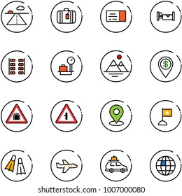 line vector icon set - runway vector, suitcase, ticket, hotel, plane seats, baggage scales, mountains, dollar pin, tunnel road sign, intersection, map, flag, flippers, car, globe