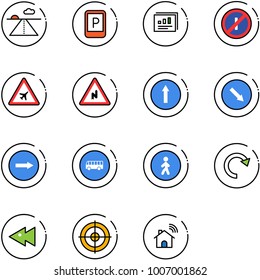 line vector icon set - runway vector, parking sign, statistics report, no parkin odd, airport road, abrupt turn right, only forward, detour, bus, pedestrian way, redo, fast backward, target