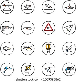 line vector icon set - runway vector, departure, arrival, plane, boarding passengers, small, airport road sign, paper, helicopter, air balloon, boomerang, kite, toy