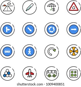 line vector icon set - runway vector, thermometer, insurance, round motion road sign, only forward right, detour, circle, bus, pedestrian way, redo, parasol, billiards balls, toy plane, cube hole
