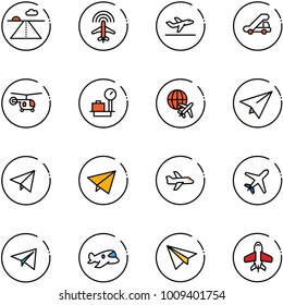 line vector icon set - runway vector, plane radar, departure, trap truck, helicopter, baggage scales, globe, paper, fly, toy